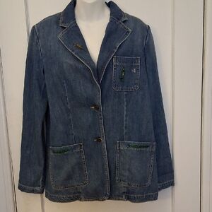 Unique Classic Blue Soft Denim Jacket w hand-embroidered crocodile details 8-10
